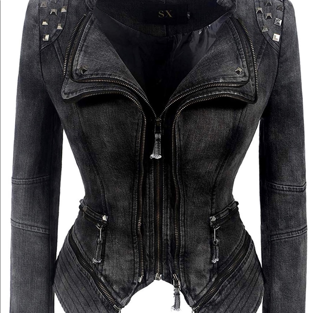 Women's Gray Denim Jean Blazer Moto Biker Jacket